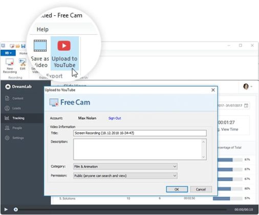 Upload videos directly to YouTube channel right from the Free Cam taskbar