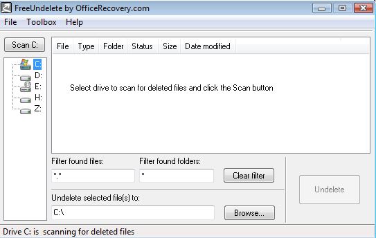 FreeUndelete Data Recovery Software Interface
