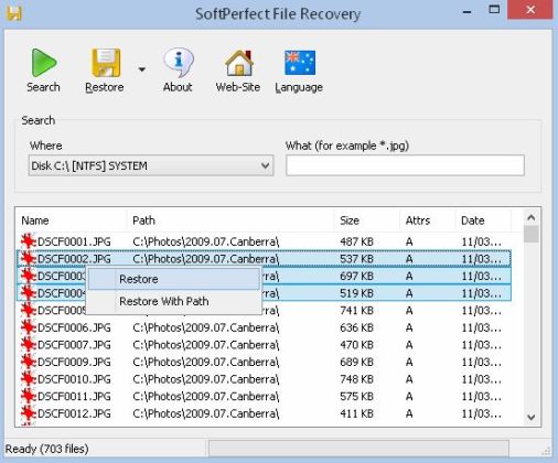 SoftPerfect File Recovery Tab