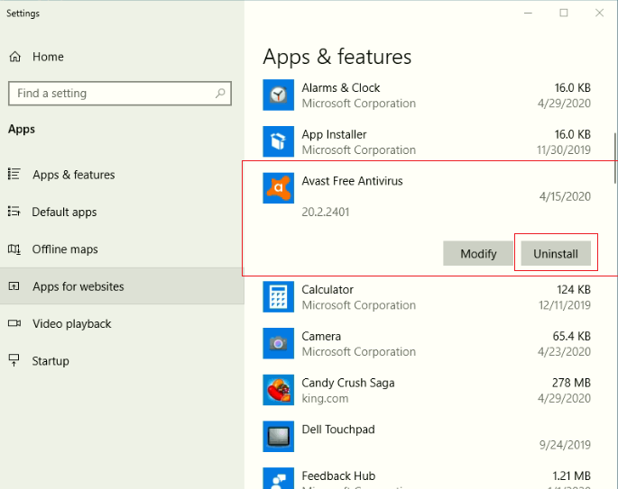 Windows 10 Apps & features screen