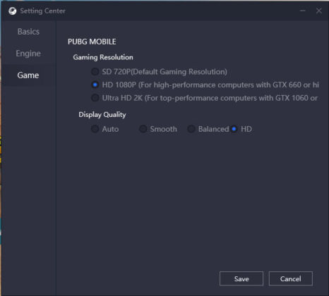 gaming resolution settings for pubg on gameloop