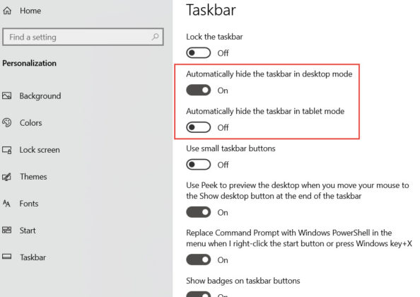 Windows 10 Taskbar hide settings